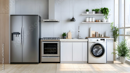 Obraz na płótnie Modern kitchen featured with sleek refrigerator, stove, and dishwasher, alongside a washer and dryer, showcasing a fully equipped home w salonie