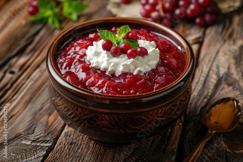 Classic Ukrainian borscht with sour cream Delicious beet soup from Ukraine photo