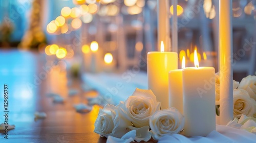  Romantic candlelit setting with roses and bokeh lights for intimate wedding, anniversary, or date night ambiance