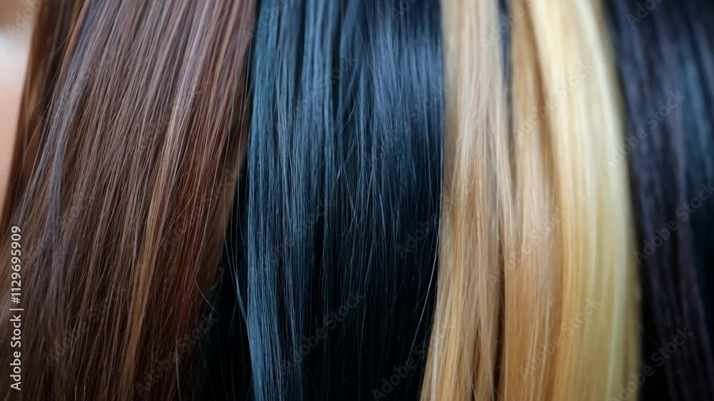 Different colors of shiny hair strands displayed together at a hair salon in a bright, vibrant setting Different colors of shiny hair strands displayed together at a hair salon in a bright, vibrant setting