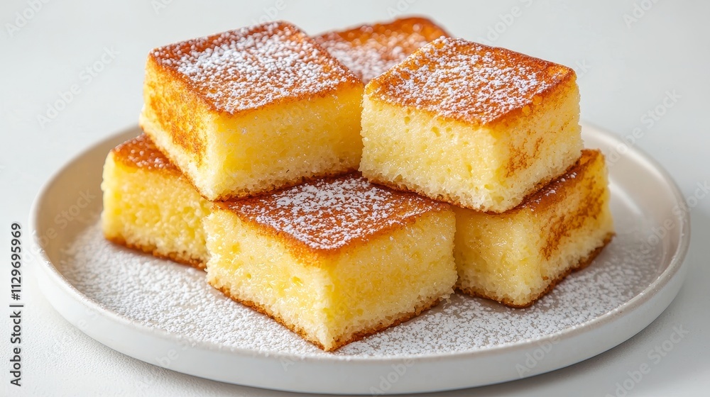 Slices of rich French toast, powdered sugar dusted evenly, minimalist white plate and background, premium breakfast photography Slices of rich French toast, powdered sugar dusted evenly, minimalist white plate and background, premium breakfast photography