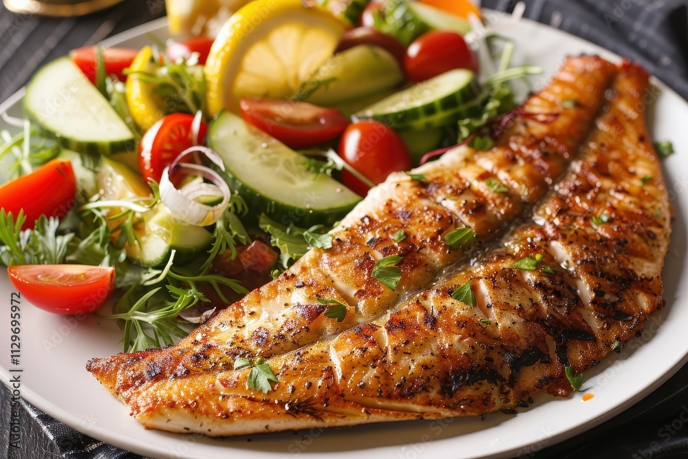 Close up horizontal photo of tilapia steak and fresh vegetable salad on plate Close up horizontal photo of tilapia steak and fresh vegetable salad on plate