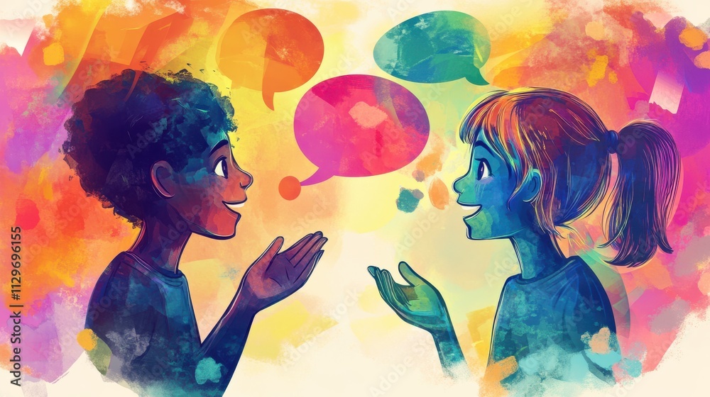 A digital illustration of two animated characters in a friendly conversation, one speaking energetically with open gestures and the other responding thoughtfully, surrounded by speech bubbles filled w A digital illustration of two animated characters in a friendly conversation, one speaking energetically with open gestures and the other responding thoughtfully, surrounded by speech bubbles filled w