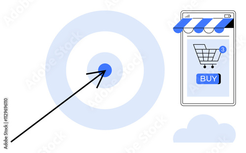 Arrow hitting target and smartphone screen with shopping cart icon and buy button. Ideal for online shopping, e-commerce marketing, mobile apps, consumer behavior, and digital sales strategy