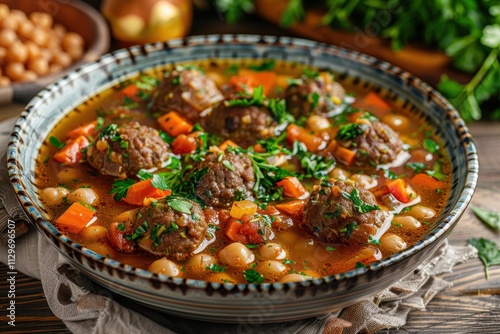 Close up of authentic lamb meatball soup with chickpeas veggies and herbs on a table