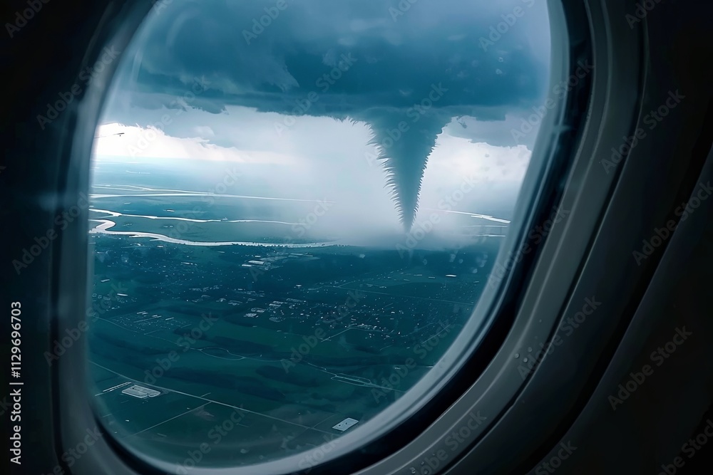 Tornado forming beneath dark storm clouds viewed from an airplane window during a flight over rural landscape. Generative AI Tornado forming beneath dark storm clouds viewed from an airplane window during a flight over rural landscape. Generative AI