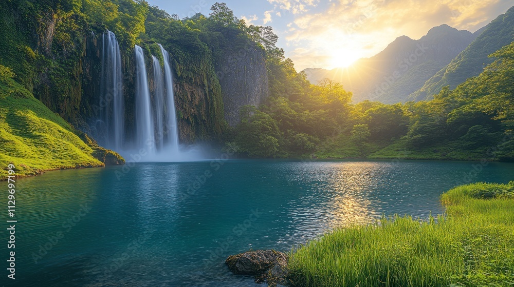 Fototapeta premium Majestic waterfall cascading into a serene turquoise pool at sunset, surrounded by lush greenery and mountains.