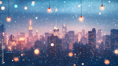 Panoramic view of a snowy New York City skyline with festive holiday lights glowing