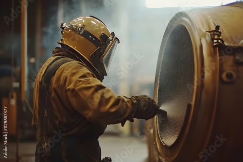Technician performing sandblasting work on metal parts in an industrial setting, AI Generated