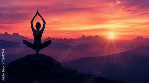 Woman meditating in yoga pose at sunrise on mountain top.