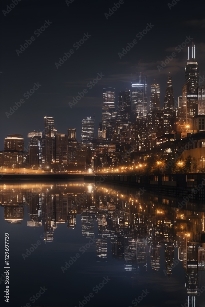 Fototapeta premium City skyline with lights reflecting on water.