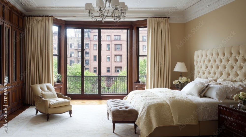 Fototapeta premium Elegant Bedroom Suite Featuring Bay Window and Classic Decor