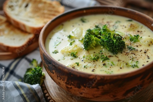 Close up of freshly made broccoli cheese soup in bowl with toast on table