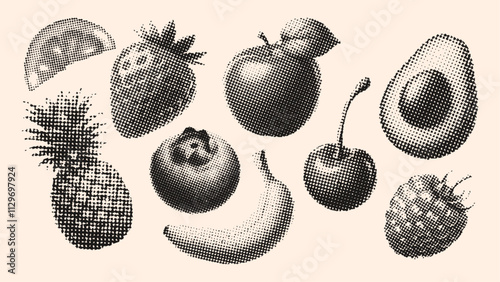 Fruits set, apple, pineapple, banana, strawberry, avocado, cherry, lemon, blueberry, raspberry, retro halftone photocopy effect style collection 