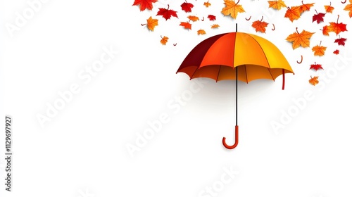 Vibrant Autumn Umbrella Surrounded by Falling Red and Orange Leaves on a Clean White Background, Perfect for Seasonal Decor or Fall Promotions