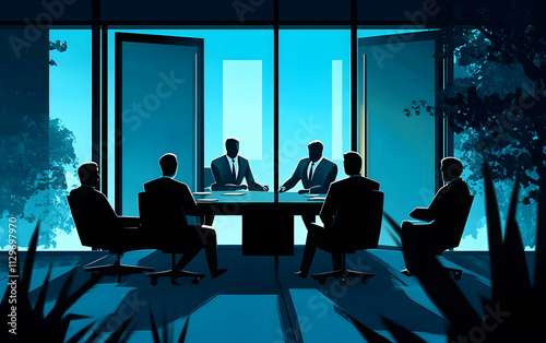 Transparent boardroom discussion with executives analyzing strategies behind closed doors, AI Generated