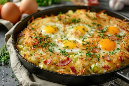 Close up of hash brown with grated potatoes leeks eggs and diced smoked bacon in a pan on the table horizontal