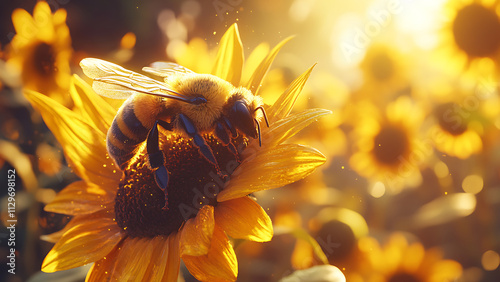 Close-up of a bee landing on a sunflower photo