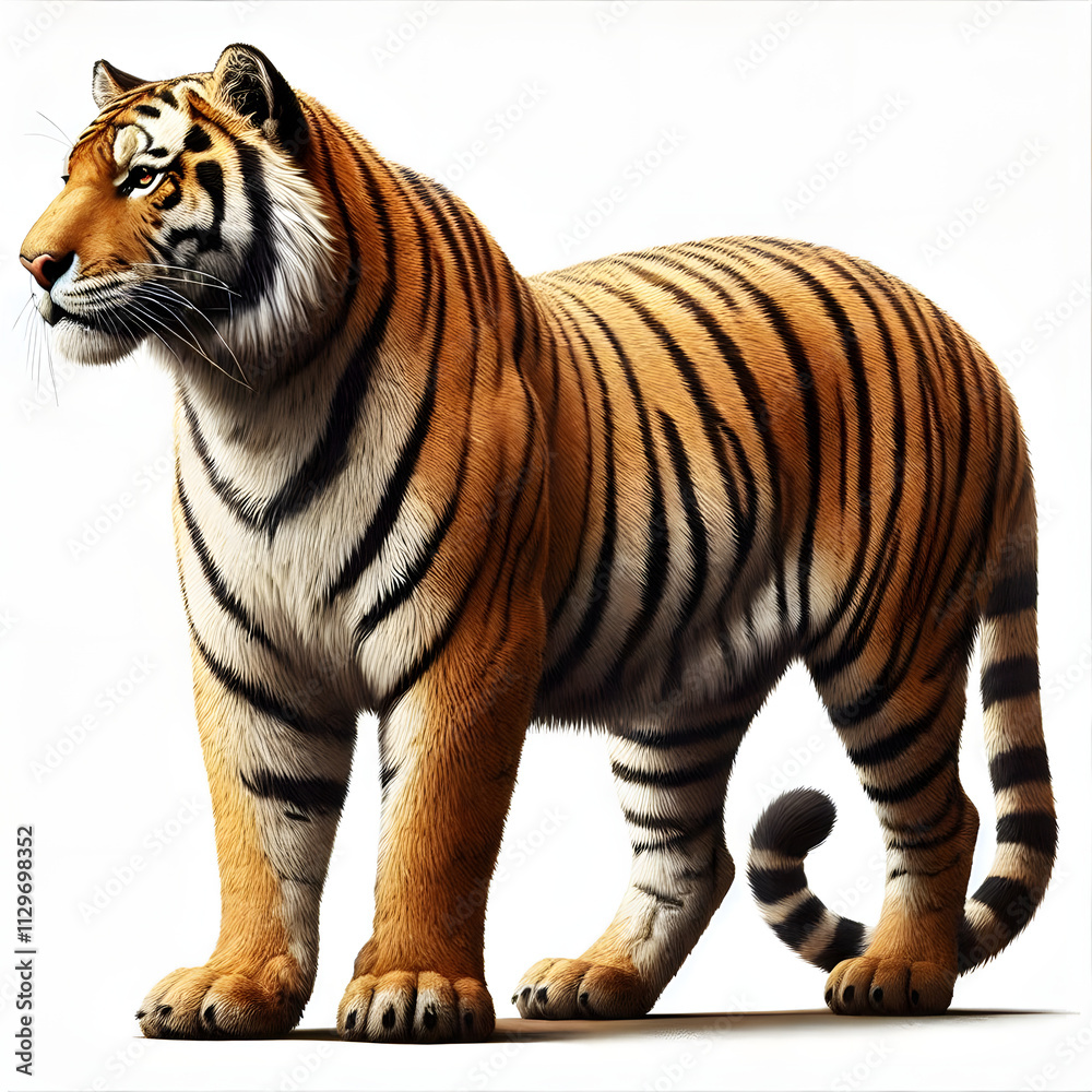 Obraz premium Tiger isolated on a white background, Side view, tiger standing full HD image generated by Ai. full body, realistic, full detail looking at the camera.