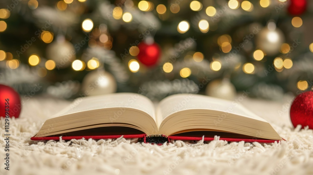 Cozy up with a charming Christmas book mockup showcasing a white hardcover and festive decor. Perfect for winter reads Cozy up with a charming Christmas book mockup showcasing a white hardcover and festive decor. Perfect for winter reads