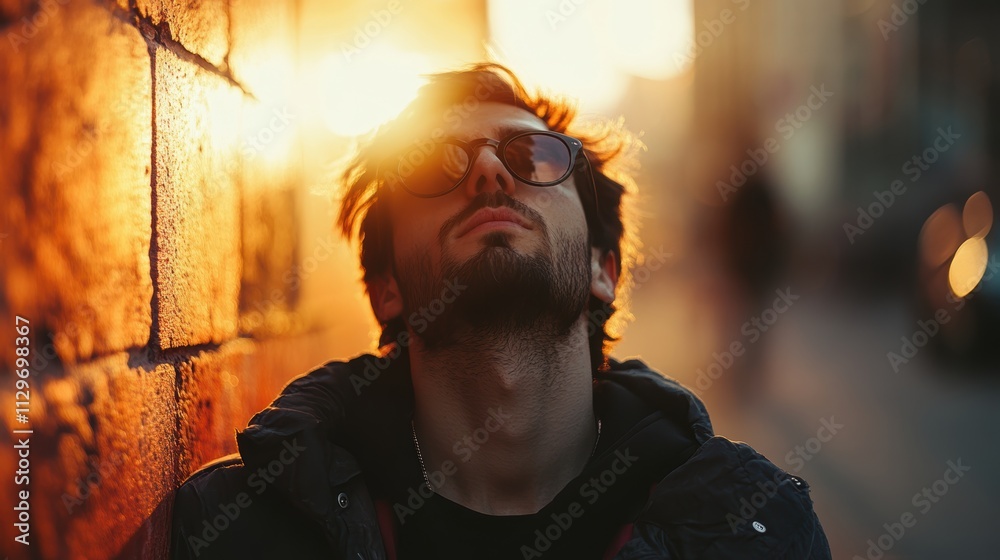 A contemplative moment captured at sunset as a person leans against a sunlit brick wall, with expressions that reflect tranquility and introspection. A contemplative moment captured at sunset as a person leans against a sunlit brick wall, with expressions that reflect tranquility and introspection.