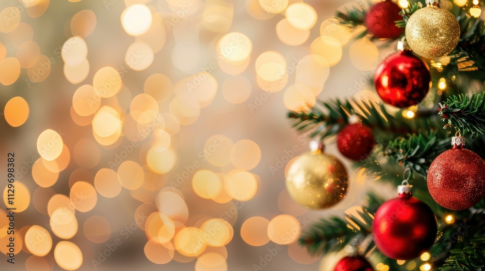 A beautiful Christmas tree branch adorned with red and gold baubles, set against a backdrop of soft, blurred lights. A beautiful Christmas tree branch adorned with red and gold baubles, set against a backdrop of soft, blurred lights.