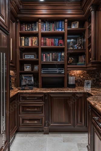 Elegant Dark Wood Library And Kitchenette Combination