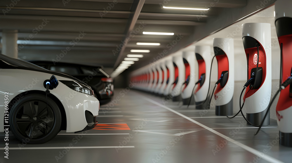 Row of electric car charging stations in a modern parking garage, symbolizing sustainability and innovation