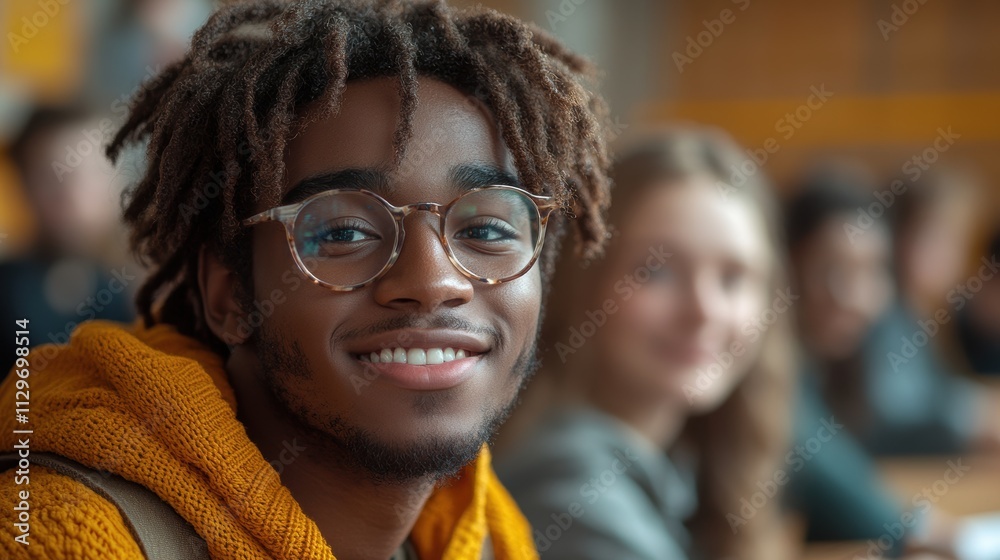 A young adult with glasses wearing a yellow sweater smiles warmly in a vibrant setting, capturing the essence of youth, positivity, and connection with friends. A young adult with glasses wearing a yellow sweater smiles warmly in a vibrant setting, capturing the essence of youth, positivity, and connection with friends.