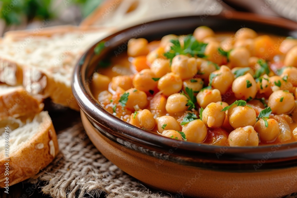 Close up of Moroccan chickpea stew on textured table with bread and background Close up of Moroccan chickpea stew on textured table with bread and background