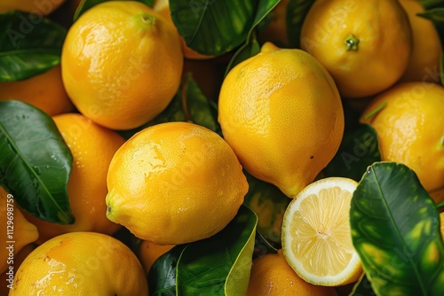 Close up of newly picked Meyer lemons from tree a cross between orange mandarin and regular lemon resulting in a sweeter fruit