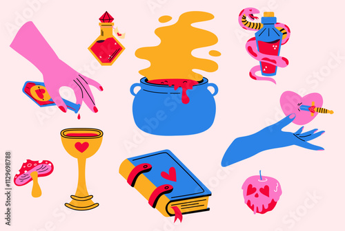 A set of illustrations of love charms. A love potion, love spell, a prediction of the future.