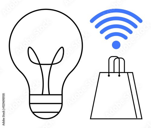 Light bulb, wireless signal, and shopping bag icons combine to represent innovation, connectivity, and commerce. Ideal for technology, retail, e-commerce, online shopping internet services digital