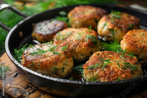 Close up of tasty fish cakes with dill in a pan on table