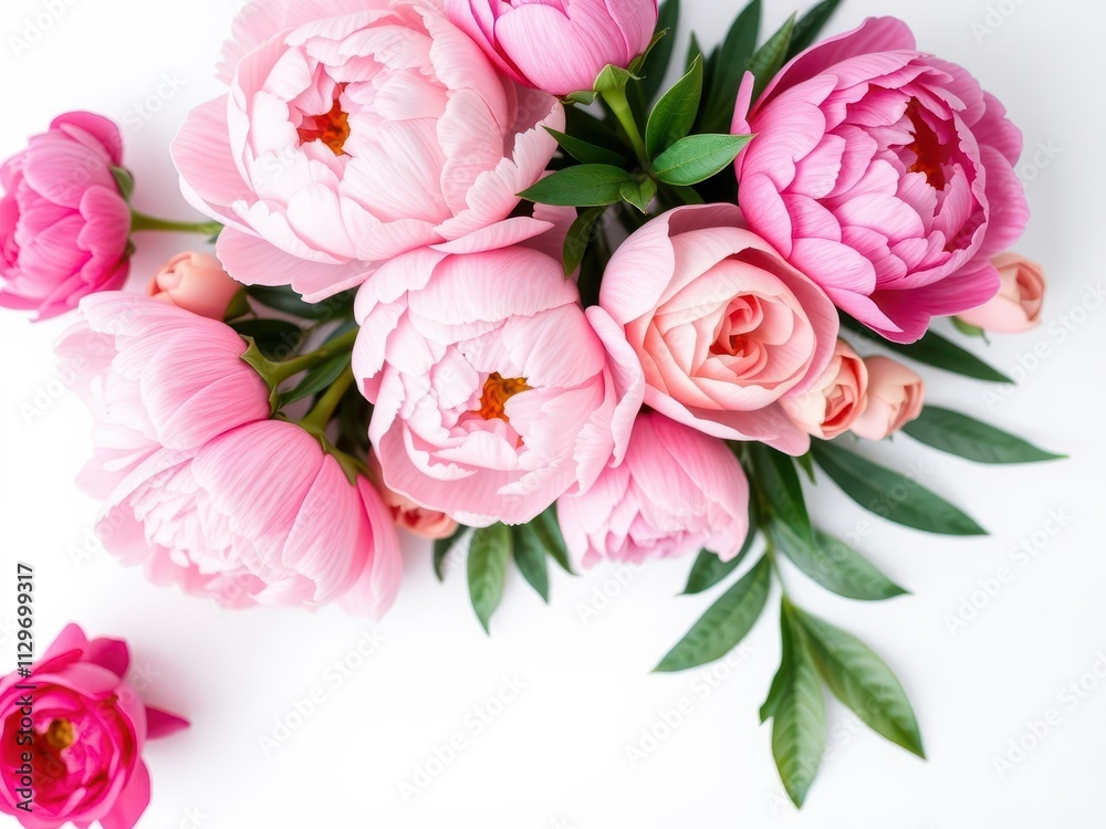 A beautiful arrangement of fresh pink peonies and roses on a white background with ample copy space, vibrant, flowers A beautiful arrangement of fresh pink peonies and roses on a white background with ample copy space, vibrant, flowers