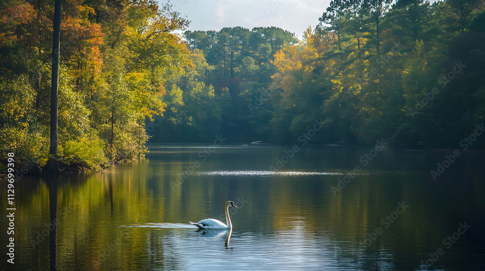 Serene Mute Swan Gliding on Lake Benson, Raleigh, North Carolina - Peaceful Nature Scene, Tranquil Water Reflections