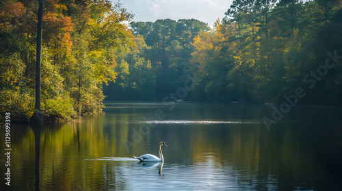 Obraz na płótnie Serene Mute Swan Gliding on Lake Benson, Raleigh, North Carolina - Peaceful Nature Scene, Tranquil Water Reflections w salonie