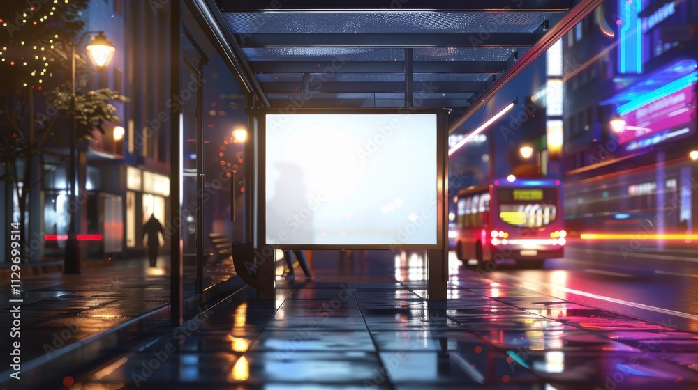 Depict a nighttime urban scene with a close-up view of a sleek bus stop The central focus is a brightly lit Depict a nighttime urban scene with a close-up view of a sleek bus stop The central focus is a brightly lit