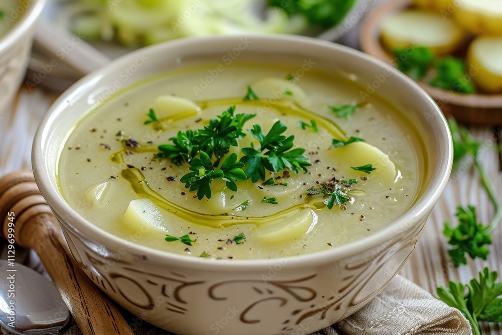 Close up photo of vegetarian potato and leek soup in white bowl with olive oil parsley peppermill and sliced leek on rustic wood background Close up photo of vegetarian potato and leek soup in white bowl with olive oil parsley peppermill and sliced leek on rustic wood background