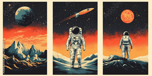 Astronaut in space retro Posters, backgrounds. photo