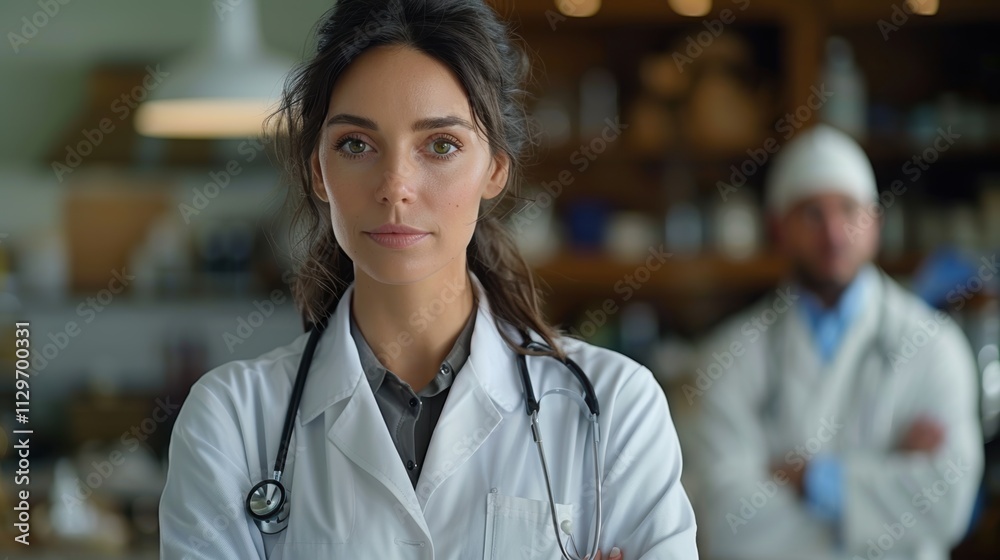 © aicandy - A professional female doctor in a clinical setting wearing a white coat and stethoscope confidently stands with her arms crossed, showcasing commitment and expertise in healthcare and medicine