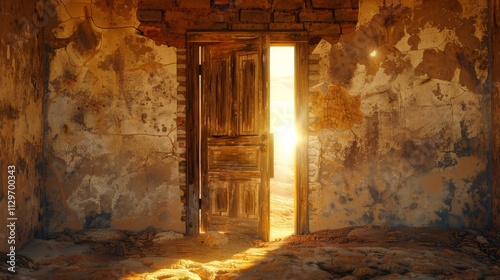 a 4K high-detail photograph of a rustic door in an endless desert ajar with a bright