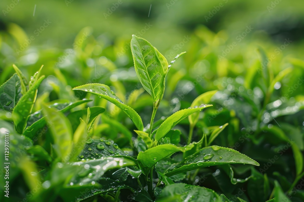 Close up view of tea plantation after rain Close up view of tea plantation after rain