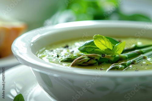 Close up white bowl of asparagus soup Food photography