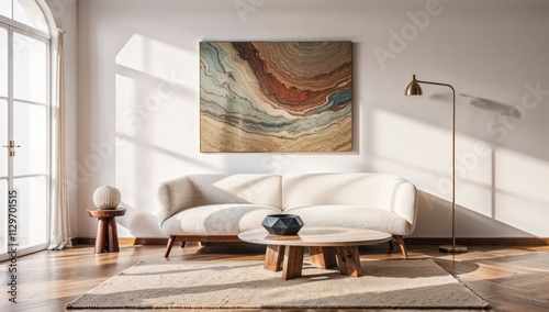 Generative AI, Minimalist living room with sculptural boucle sofa and contemporary abstract art photo