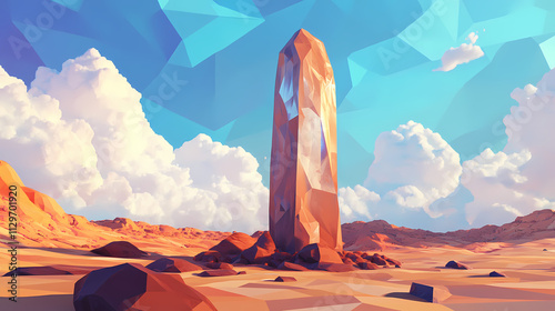 Low-poly mysterious monolith in a desert landscape. Monolith. Illustration photo