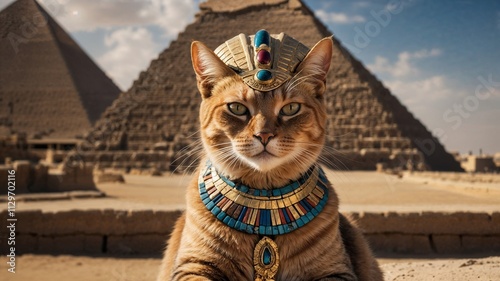 The Majestic Cat of Egypt: A Portrait of Ancient Royalty, Adorned in Gold and Exuding Graceful Power