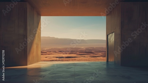 a 4K photograph of a futuristic sleek glass door in the middle of a vast