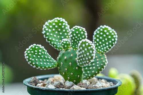 Closeup of white dot in green cactus in greenhouse Astrophytum nudum twin in a pot part of cactus garden Tips for growing trendy cactus collection photo