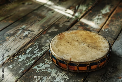 Closeup tambourine on rustic table heavily processed for retro effect photo